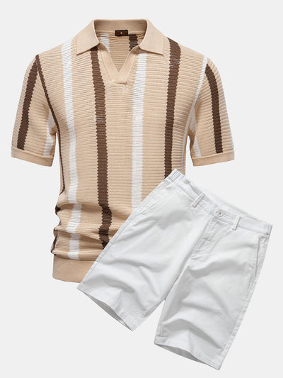 Ensemble Polo Rayé en Maille à Col en V & Short Chino en Coton
