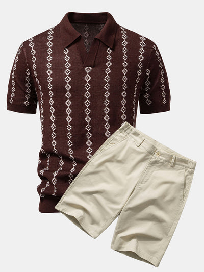 Polo en Maille Géométrique à Col en V & Short Chino en Coton