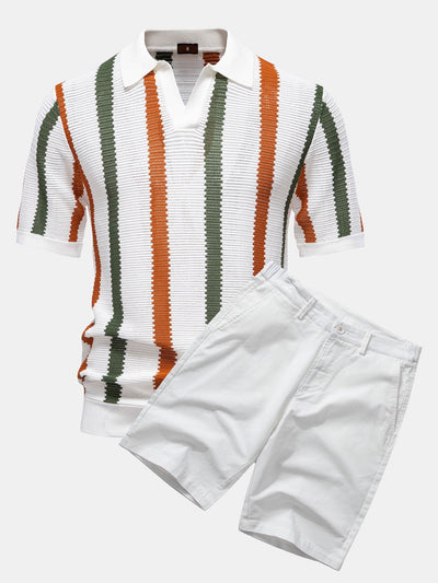 Ensemble Polo Rayé en Maille à Col en V & Short Chino en Coton