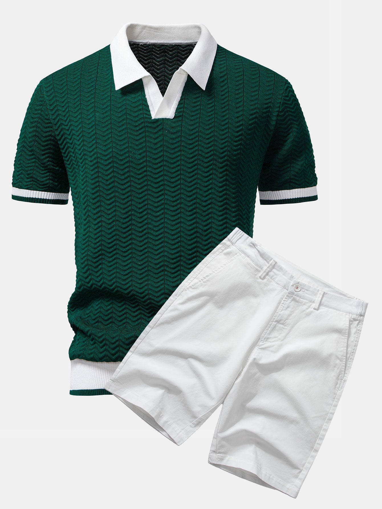 Ensemble Polo Texturé Contrasté & Short Chino en Coton