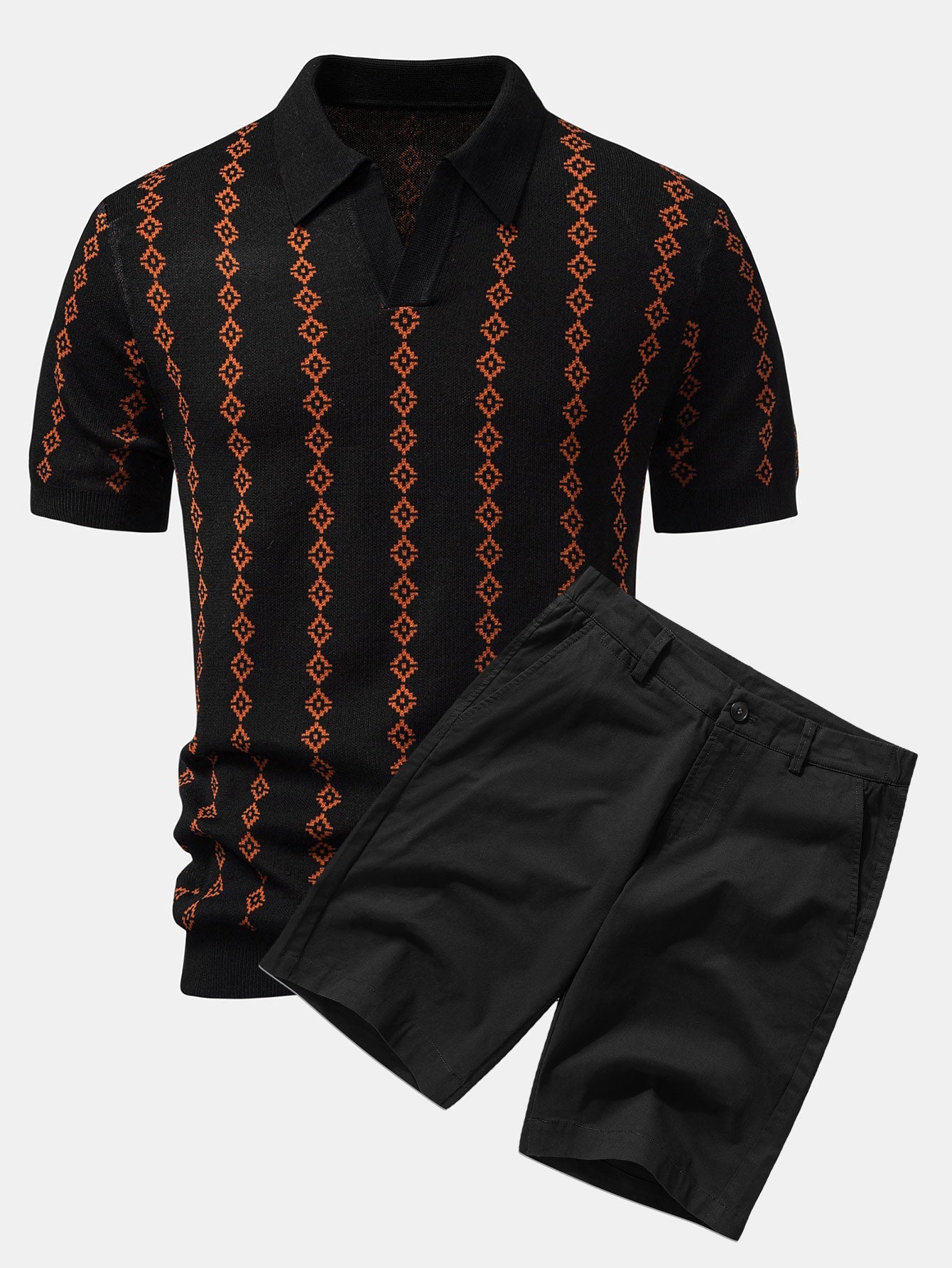 Polo en Maille Géométrique à Col en V & Short Chino en Coton