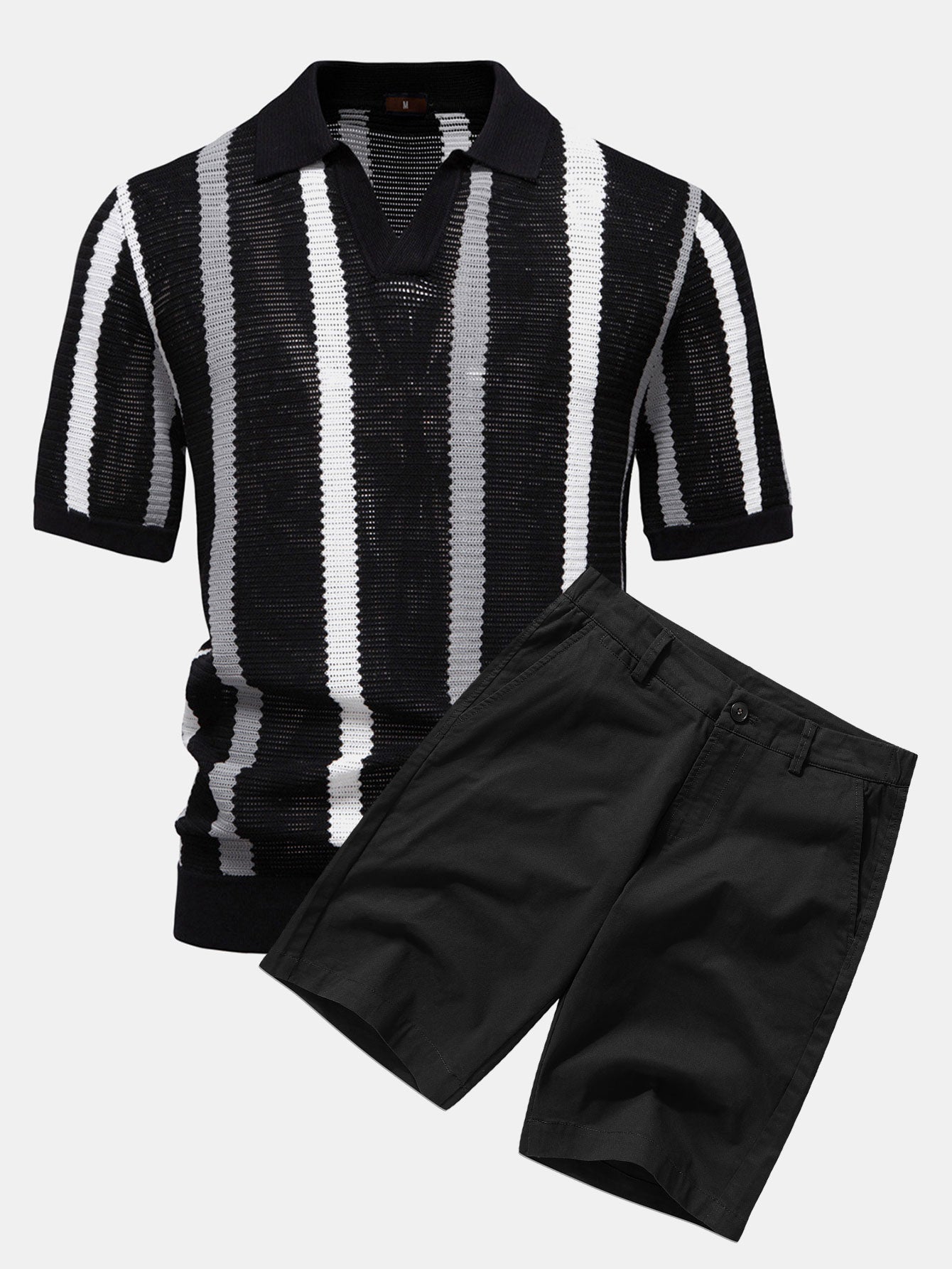 Ensemble Polo Rayé en Maille à Col en V & Short Chino en Coton