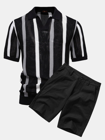 Ensemble Polo Rayé en Maille à Col en V & Short Chino en Coton