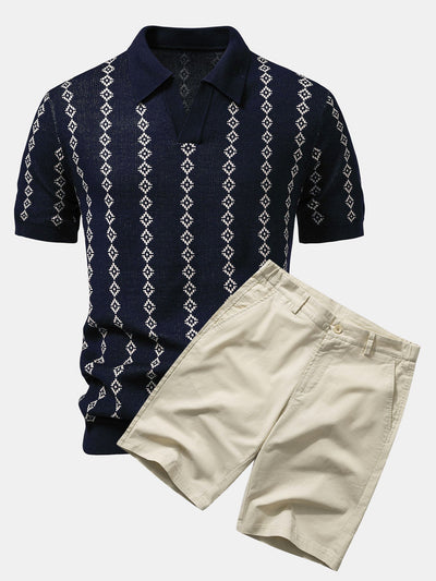 Polo en Maille Géométrique à Col en V & Short Chino en Coton