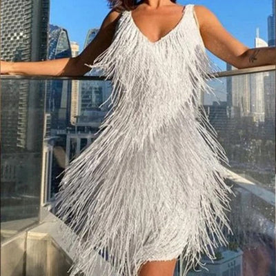 Mathilde - Mini Robe À Glands, Décolleté En V Et Sans Manches