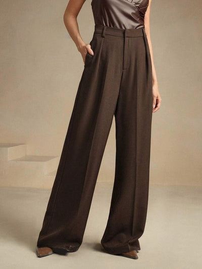 Pantalon large femme plis taille haute look professionnel