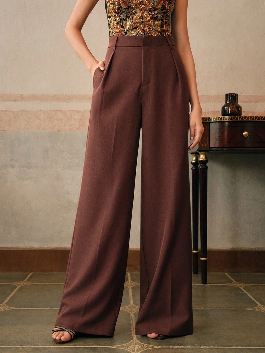 Pantalon large femme plis taille haute look professionnel