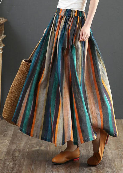 Women’s A-Line Midi Skirt – Retro Striped Print – Pleated – Natural Fibers – Casual Wear