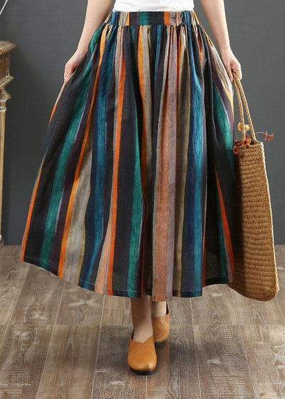 Women’s A-Line Midi Skirt – Retro Striped Print – Pleated – Natural Fibers – Casual Wear