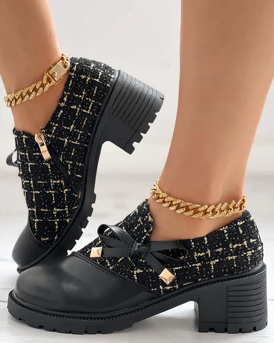 Chaussures femme à talon épais – Tige texturée – Hauteur cheville – Nœud décoratif