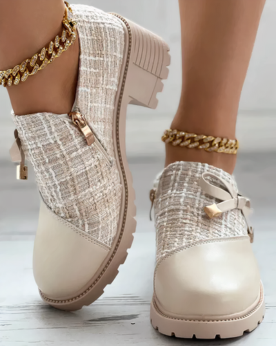 Chaussures femme à talon épais – Tige texturée – Hauteur cheville – Nœud décoratif