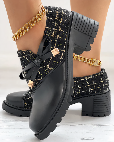 Chaussures femme à talon épais – Tige texturée – Hauteur cheville – Nœud décoratif