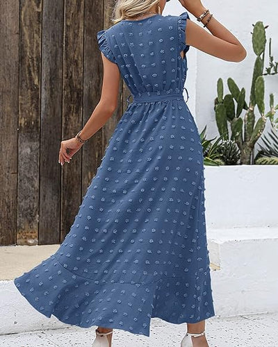 Robe longue avec tissu texturé et volants - Robe d'été élégante avec encolure en V et ceinture à nœuds