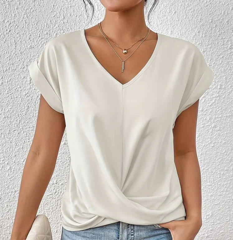 T-shirt femme - Col en V - Modèle ample - Détail croisé - Manches courtes