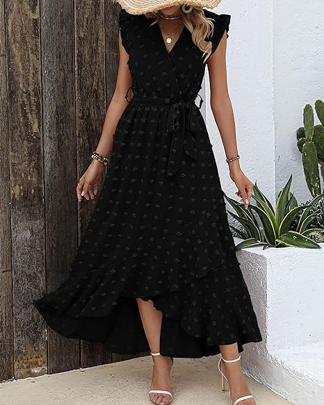Robe longue avec tissu texturé et volants - Robe d'été élégante avec encolure en V et ceinture à nœuds