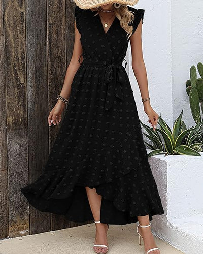 Robe longue avec tissu texturé et volants - Robe d'été élégante avec encolure en V et ceinture à nœuds