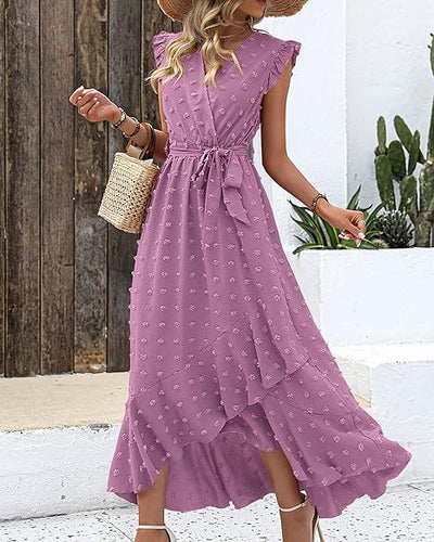 Robe longue avec tissu texturé et volants - Robe d'été élégante avec encolure en V et ceinture à nœuds