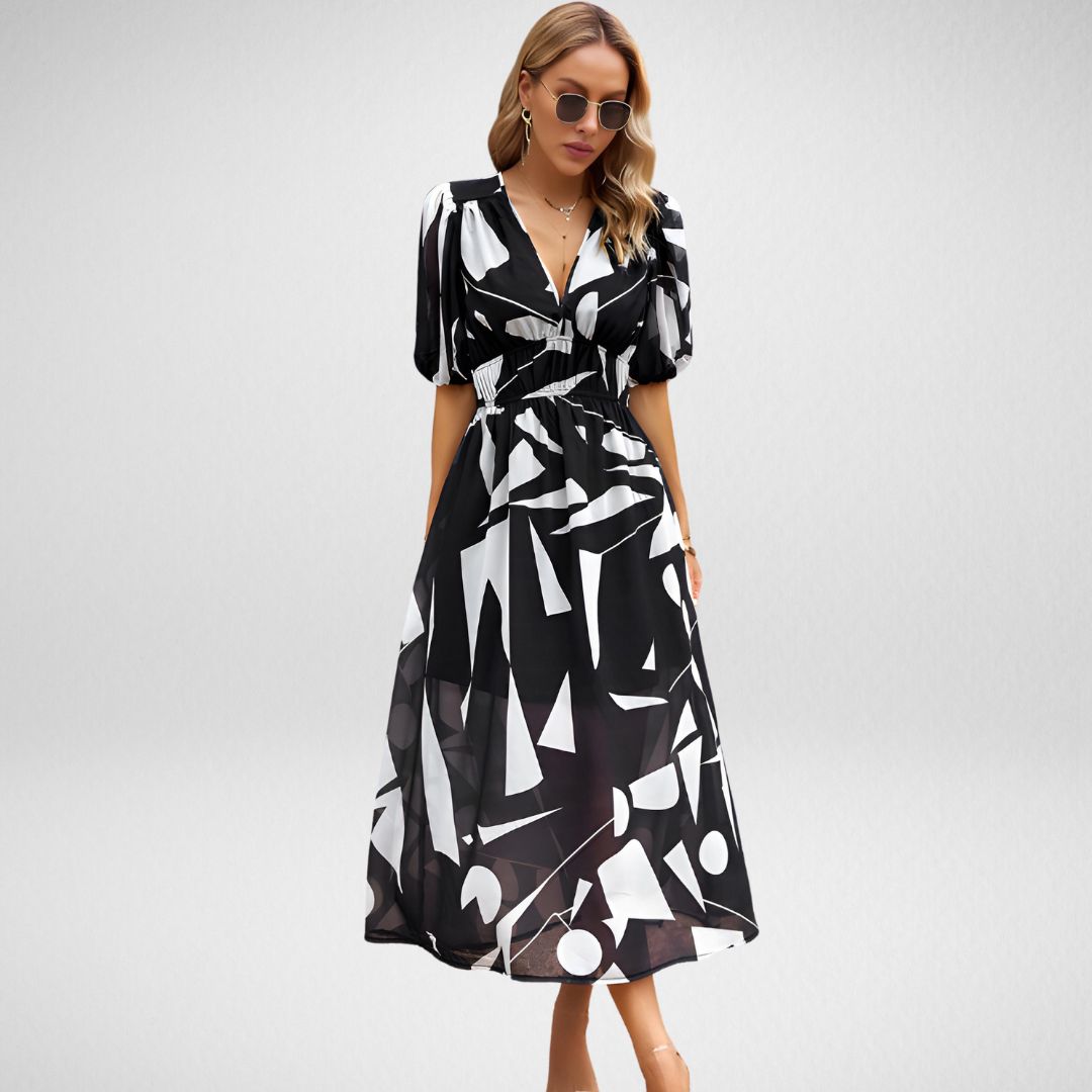 Robe Midi | Motif Géométrique | Volume & Modernité