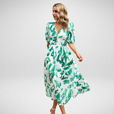 Robe longue femme – Coupe fluide – Manches bouffantes – Décolleté en V – Tissu respirant