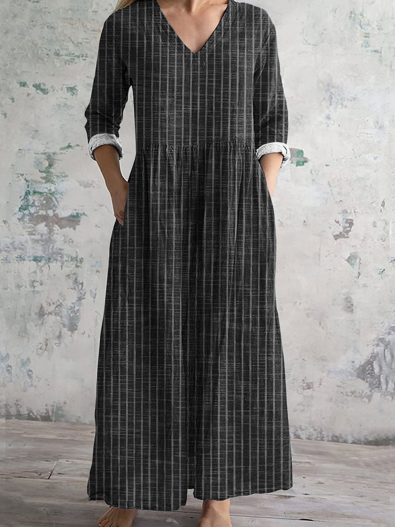 Robe longue femme – Fibres naturelles – Coupe ample – Manches longues – Rayures – Col V