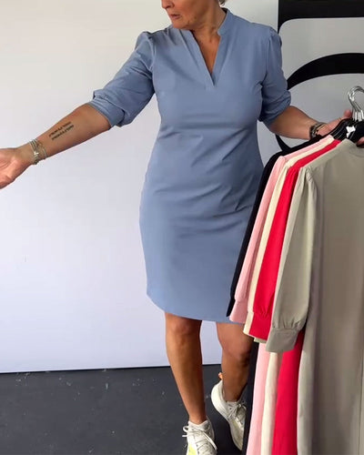 Robe Col En V Couleur Unie Coupe Droite Hanche