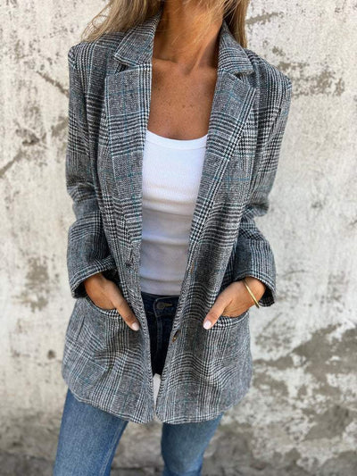 🔥Veste Slim à Col Revers à Carreaux pour Femmes