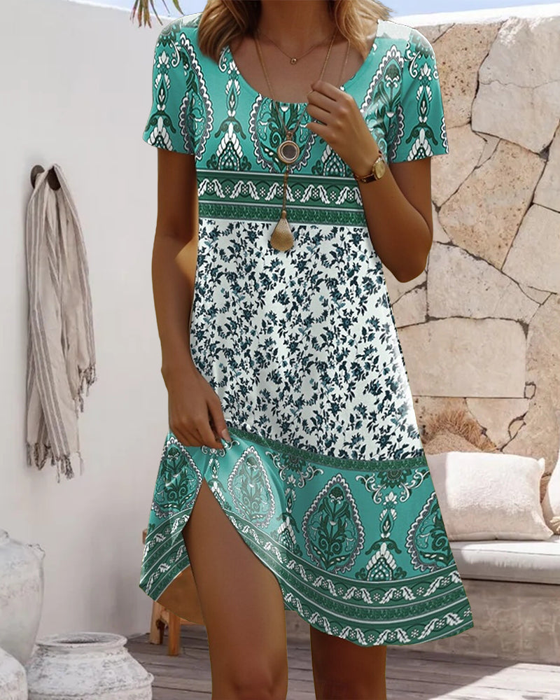 Robe Manches Courtes Imprimé Contrasté