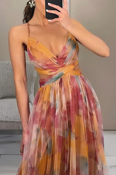 Alina™ | Robe Longue Aérienne à Bretelles et Imprimé Aquarelle