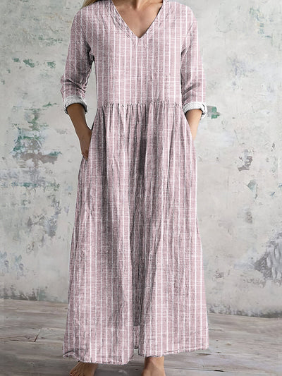 Robe longue femme – Fibres naturelles – Coupe ample – Manches longues – Rayures – Col V