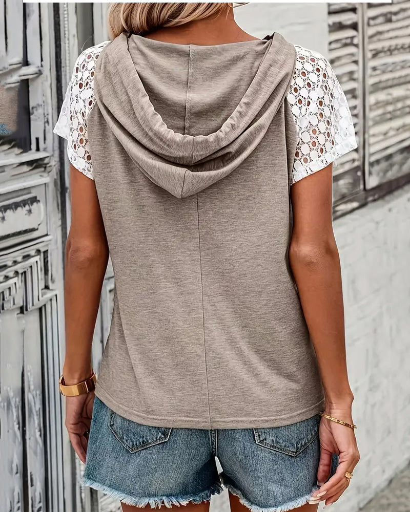 Blouse À Capuche Dentelle Ajourée Décontractée