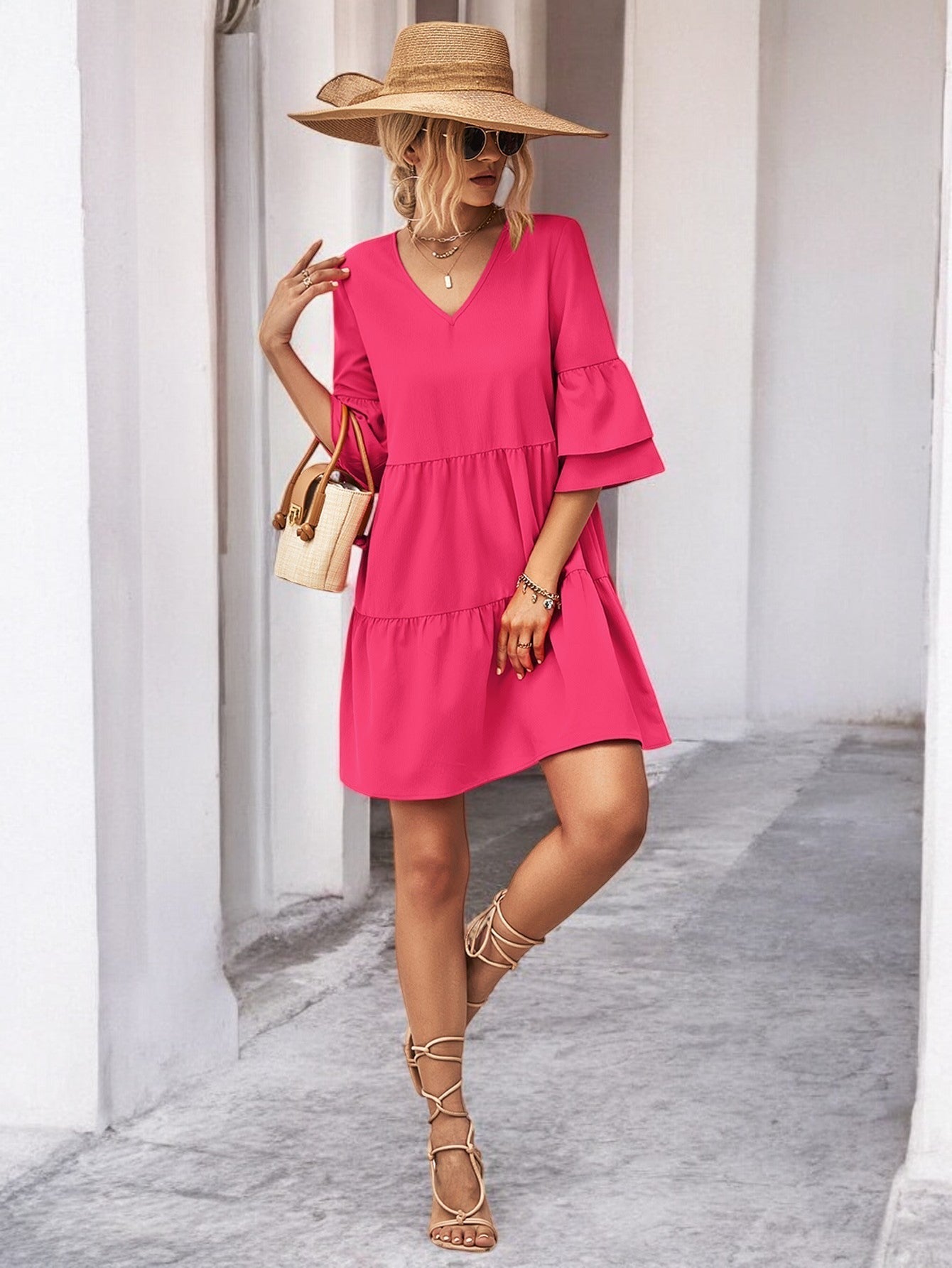 Anna - Mini-Robe Col V Avec Manches Cloches