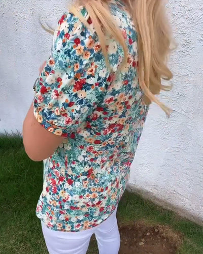 Blouse Manches Courtes Imprimé Fleuri Plissée