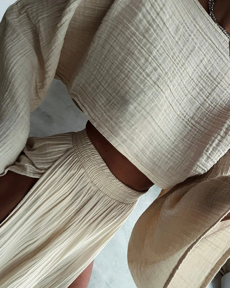 Ensemble deux pièces décontracté en coton et lin avec fente chic