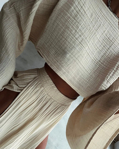 Ensemble deux pièces décontracté en coton et lin avec fente chic