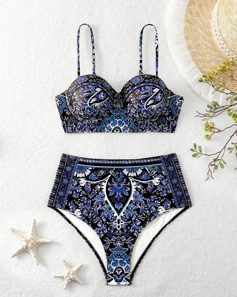 Maillot de bain Haute Taille Imprimé Rétro Deux-pièces