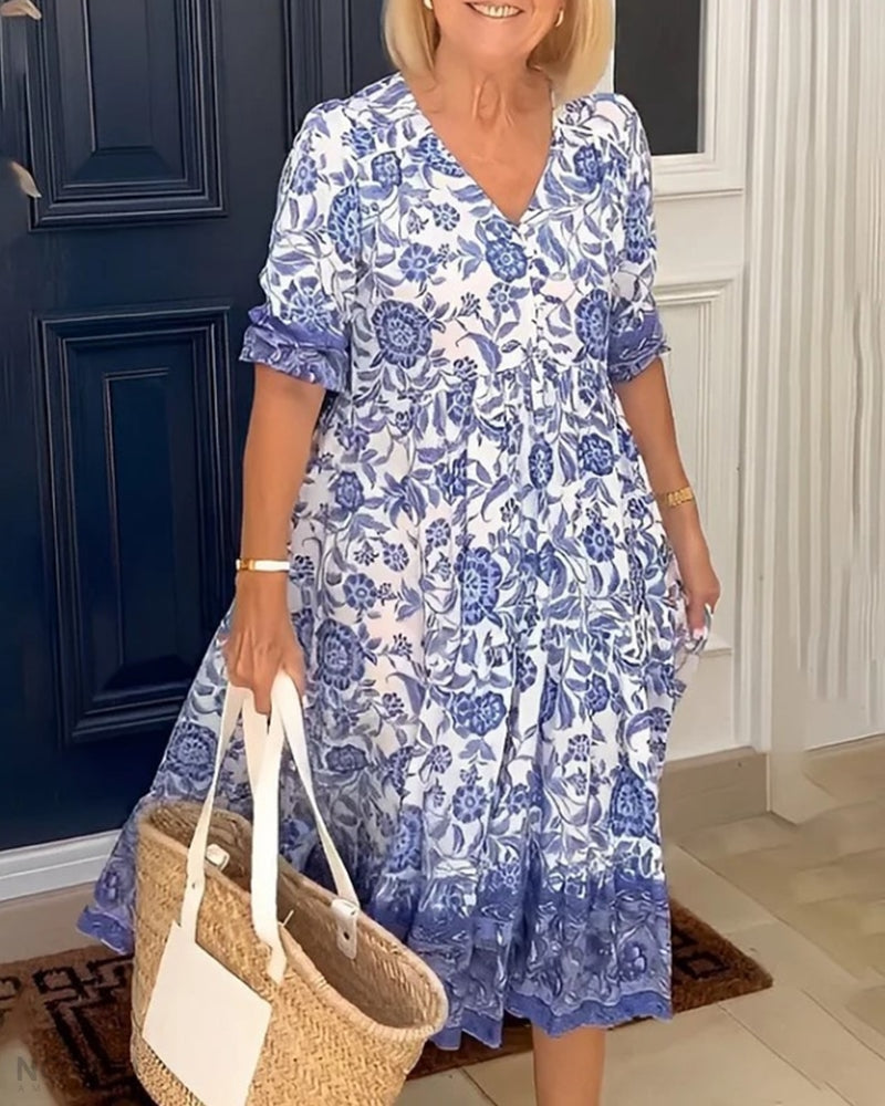 Luna™ | Robe Élégante à Fleurs et Col en V