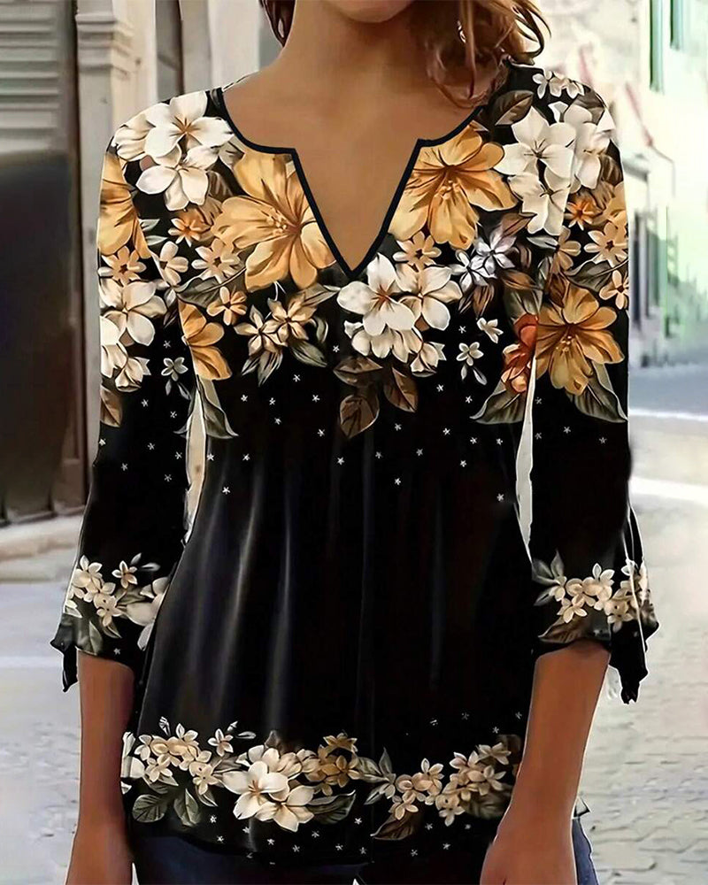 Col V Floral T-Shirt Avec Manches 3/4