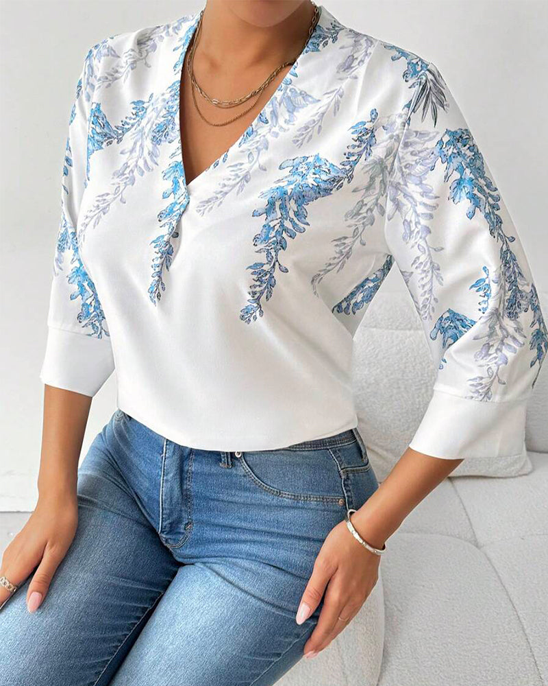 Blouse Trois-Quarts Manches V-Carré Imprimé