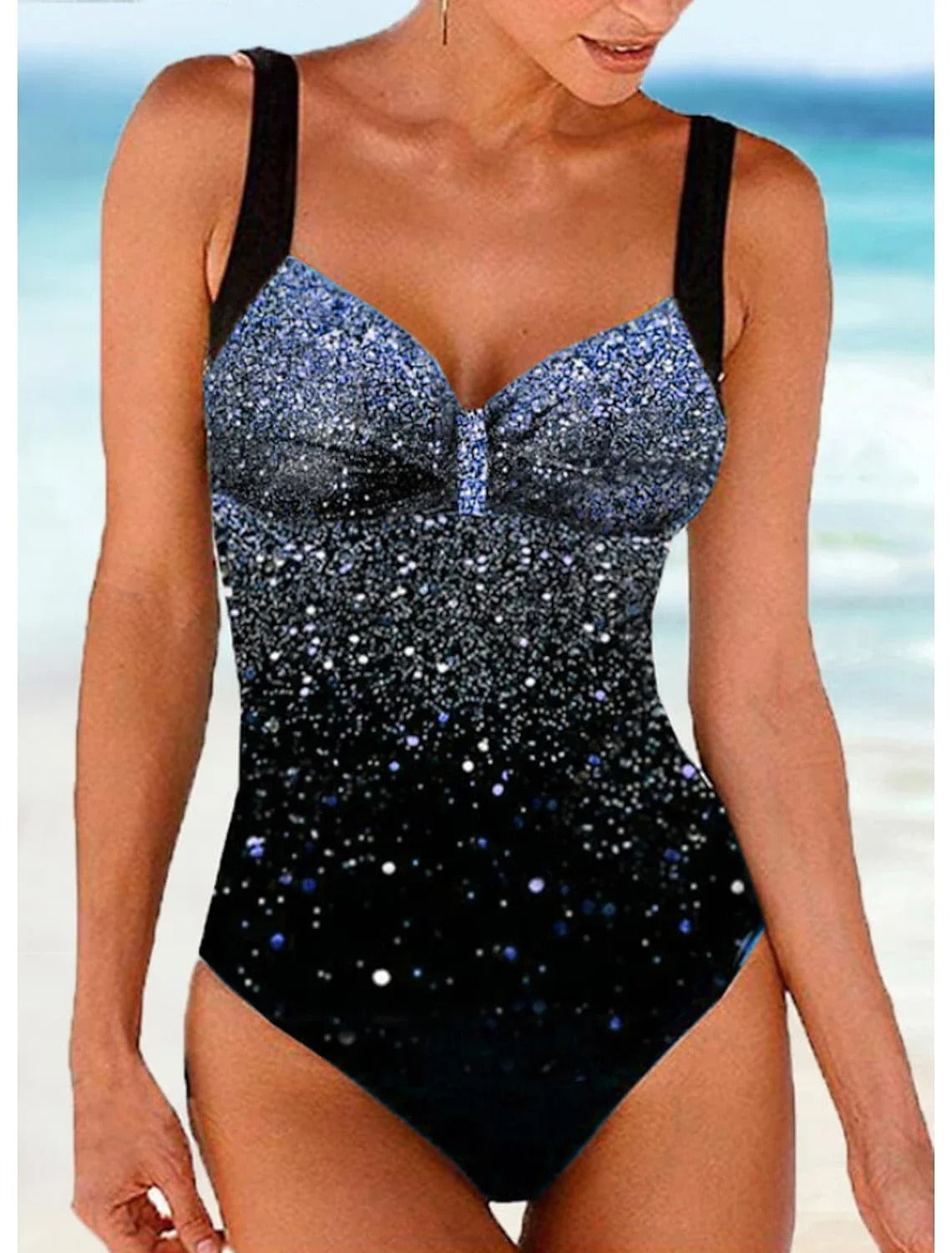 Maillot de bain une pièce femme – Coupe galbante – Soutien-gorge intégré – Imprimé effet sequins