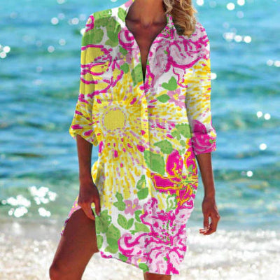 Tunique de plage femme – Coupe ample – Tissu respirant – Manches longues retroussables