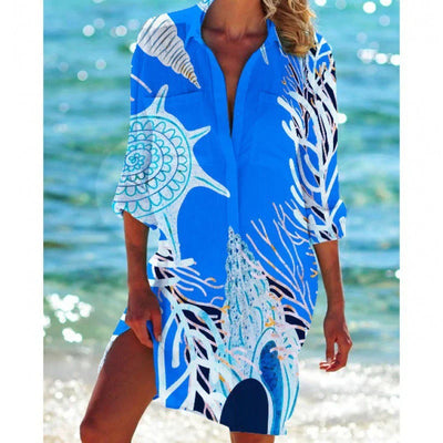 Tunique de plage femme – Coupe ample – Tissu respirant – Manches longues retroussables