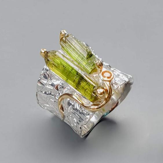 Bague vintage en cristal vert naturel en argent