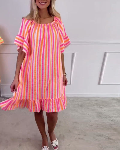 Robe Col Rond Rayée Plissée Coupe Droite