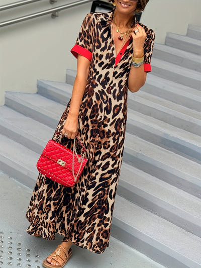 Mila – robe longue fluide imprimé léopard et détails colorés