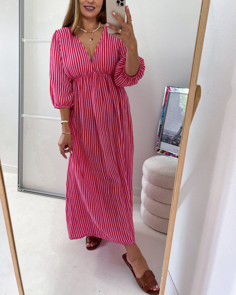 Robe Encolure En V Manche Ballon Rayée