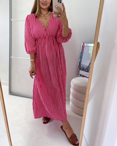 Robe Encolure En V Manche Ballon Rayée