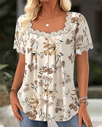 Blouse Col Carré Décontractée Plissée Imprimée