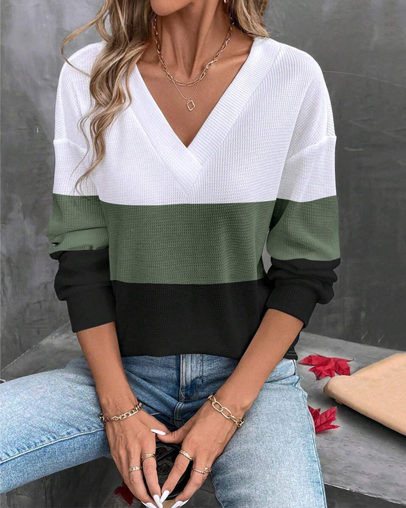 Blouse À La Mode Col En V Couleur Contrastée Design