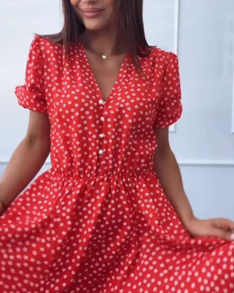 Robe Imprimé À Pois Boutonné Col En V