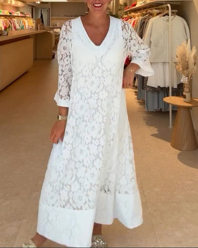 Robe Décolleté V Dentelle Fleur Ample